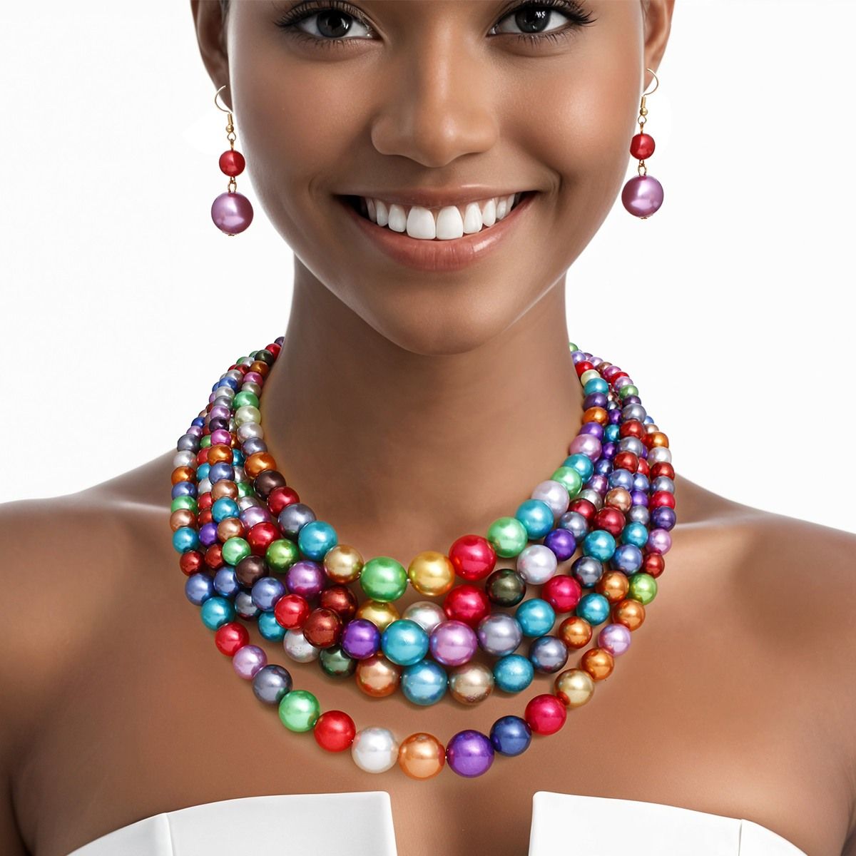 Pearl Necklace Dark Multicolor 5 Strand Set Women