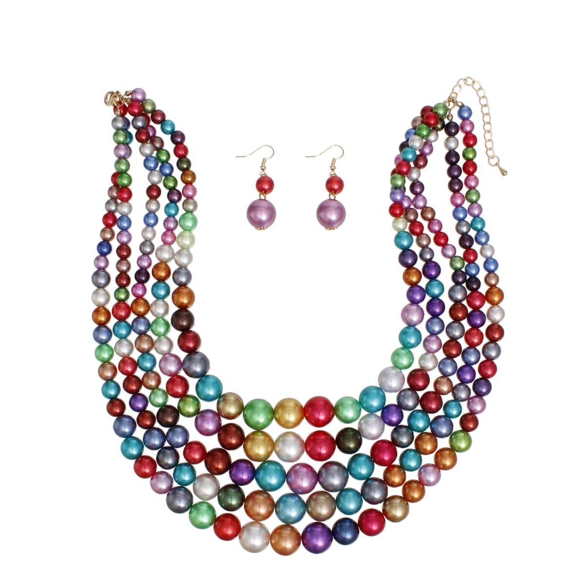 Pearl Necklace Dark Multicolor 5 Strand Set Women