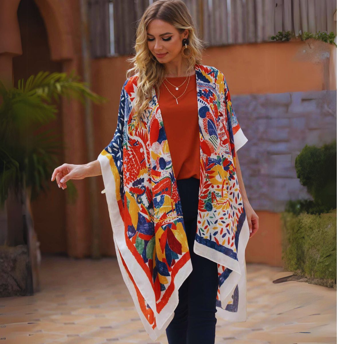 Red Mixed Pattern Tassel Kimono