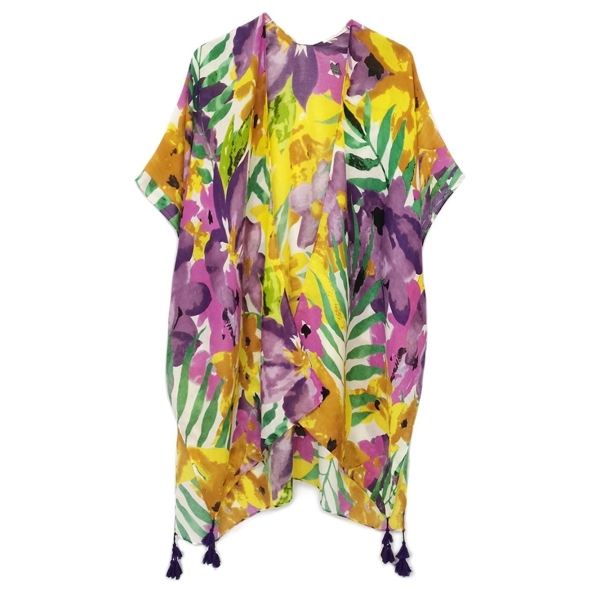 Purple Floral Watercolor Tassel Kimono